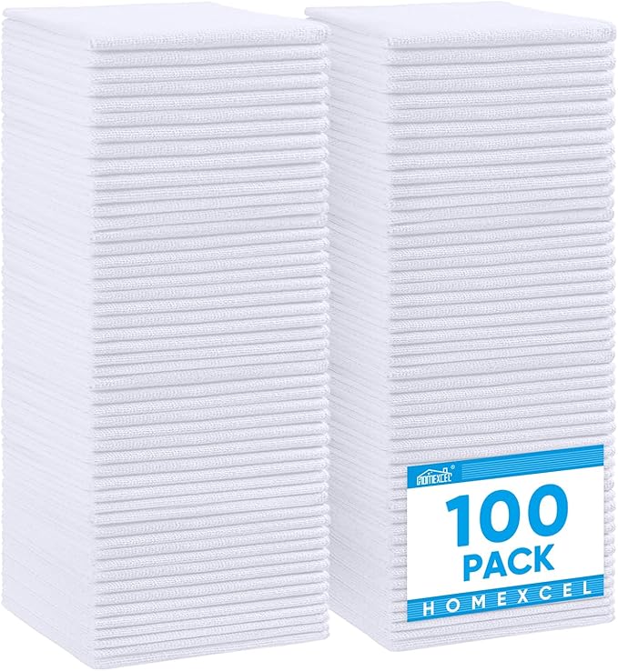 HOMEXCEL White Microfiber Cleaning Cloth 100 Pack Microfiber Towel for Cars Lint Free Scratch-Free Highly Absorbent and Cleaning Rags for House Window and Glass Cars TV Screen 11.5 X11.5 inch