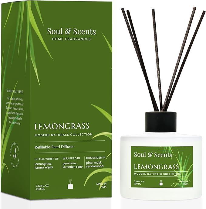 Soul &amp Scents Reed Diffuser Set – Lemongrass | 7.43 oz Refillable Scented Oil with 6 Fiber Sticks | Long-Lasting Home Fragrance &amp Air Freshener for Bedroom Bathroom Office | Gift &amp Décor