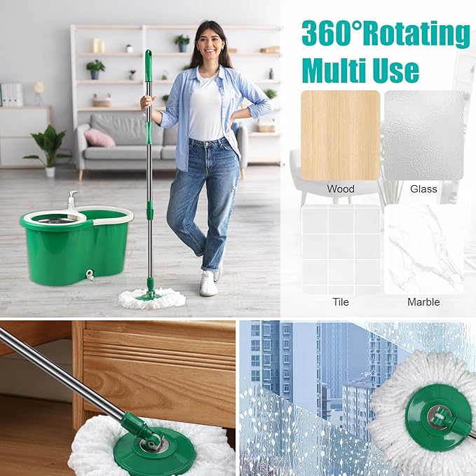 Spin Mop and Bucket with Wringer Set 360° Spinning Mop Bucket System with 3 Microfiber Mop Replacement Heads and 61 Stainless Steel Adjustable Handle for Floor Cleaning (20QT)