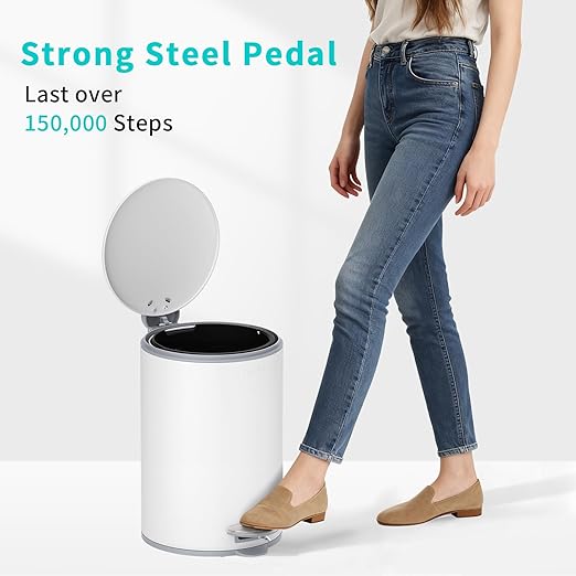 mVm Kitchen Trash Can5.3 Gallon/20 Lliter Step Round Trash Can with Lid and Foot PedalAnti-FingerprintSoft-Close.Stainless Steel Garbage Can for BathroomBedroomOfficeLiving Room (Matte White)