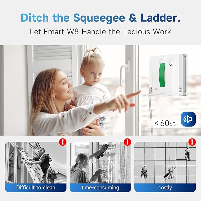 FMART W8 Mini Window Cleaning Robot 8000Pa Suction Ultra-Slim 2.36 in 4-Way Ultrasonic Spray Edge-Cleaning Route Smart Path Planning 9-Stage Safety App &amp Remote Control
