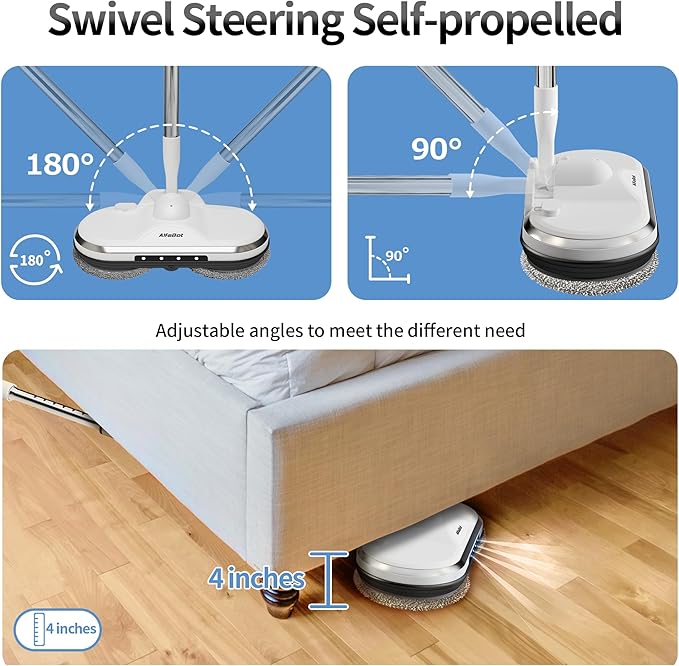 Electric Mop AlfaBot WS-24 Cordless Spin Mop for Floor Cleaning Lightweight &amp Rechargeable Floor Cleaner with Water Sprayer and LED Headlight for Hardwood and Tile Floors White