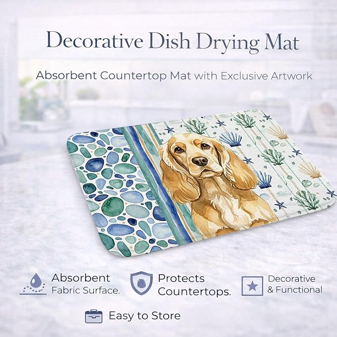 Caroline's Treasures Buff Cocker Spaniel Coastal Sea Glass Dish Drying Mat Absorbent Dish Drying Mat Pad for Kitchen Counter Dish Drainer Mat for Countertop 14 x 21 Multicolor