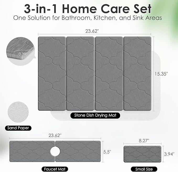 3 PCS Large Stone Dish Drying Mat for Kitchen Counter -24x16 Absorbent Diatomaceous Earth Mat with Stone Faucet Mat &amp Soap Tray - Quick Dry Collapsible Non-Slip Countertop Organizer