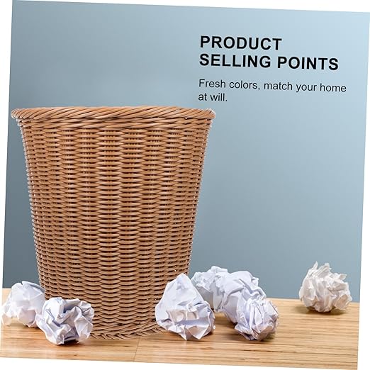 Rust-Resistant Iron Office Trash Can Simulated Rattan Woven Wastebasket Multipurpose Storage Basket for Home and Use Beige