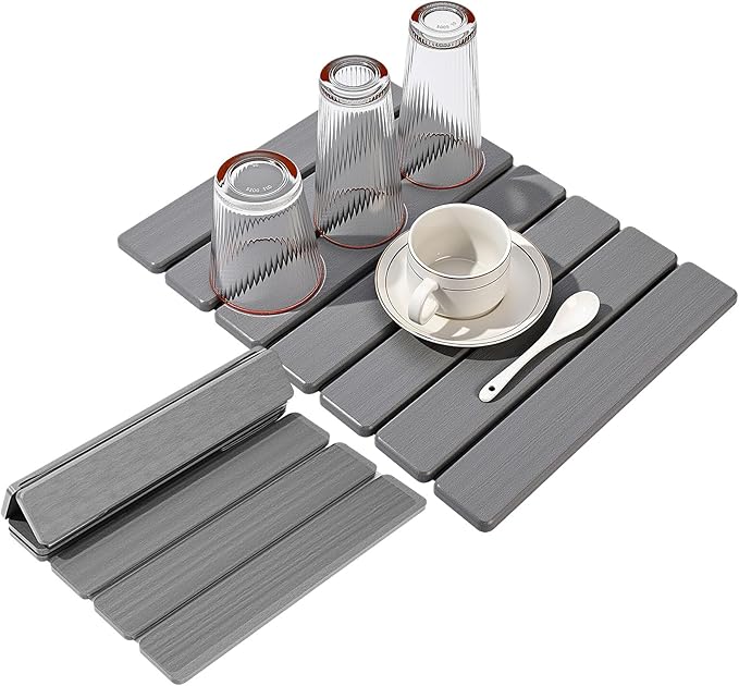 Sawysine 2 Pcs Stone Dish Drying Mats for Kitchen Counter 16x12 Collapsible Diatomaceous Earth Mats Absorbent Quick Drying Bath Kitchen Pad for Dishes Cups Bottles Fits Any Countertop(Light Gray)