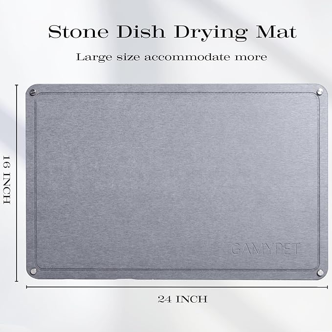 Stone Dish Drying Mat 24×16 Large Diatomaceous Earth Dishes Quick Dry Pad for Kitchen Counter with Heighten Stainless Steel Feet Fits Various Countertops &amp Drain Bowl Racks Dark Gray