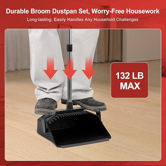 3-Pack Broom with Dustpan Combo Set Commercial Broom and Dustpan Set Dust Pan with Long Handle 51'' Large Brooms with Self-Cleaning Dust Pan Teeth for Restaurant Lobby Garage - Black