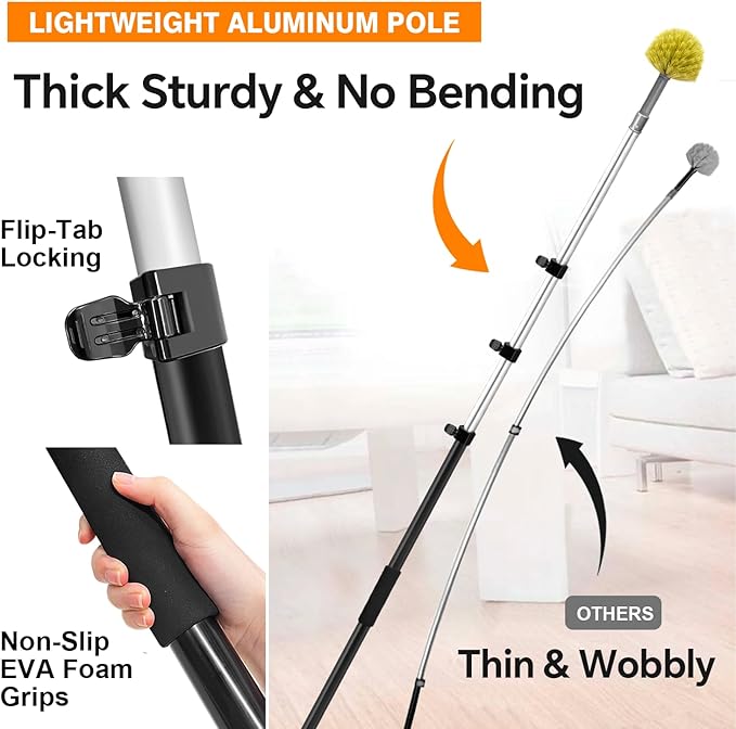 4-12Ft Telescoping Extension Pole Kit 5-in-1 High Reach Duster with Chenille Window Squeegee Microfiber Feather Cobweb Duster for Ceiling Wall Hard-to-Reach Indoor &amp Outdoor Cleaning Yellow