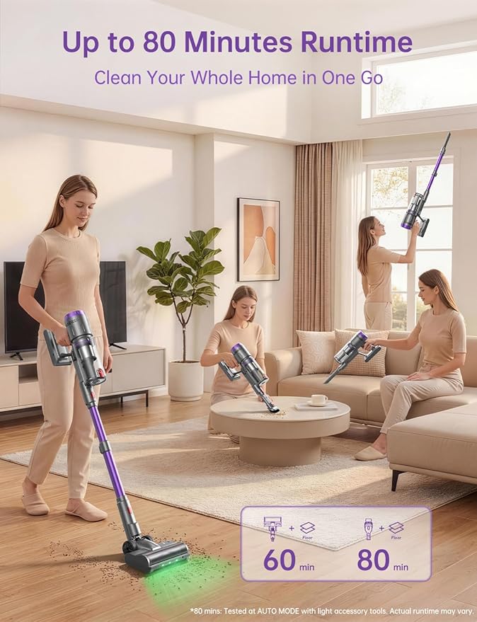 OXVAC Cordless Vacuum Cleaner 60KPa 650W Stick Vacuum with 80Mins Runtime Smart AUTO Mode Anti-Tangle Brush Self-Standing Vacuum Cleaner for Home Pet Hair Carpet &amp Hardwood Floor Purple