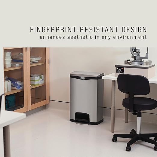 Rubbermaid Commercial Products Impressions Metal Step On Trash Can Front Step 13 GAL Stainless Steel Black Indoor for Hospitals/Office Spaces/Restaurants