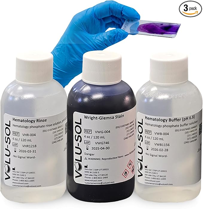 Volu-Sol Wright Giemsa Stain Pack (Wright Giemsa Buffer Rinse) Romanowsky Stain for Blood Smears - Conduct Differential WBC Counts and Explore RBC Morphology - 4 oz (118 ml)