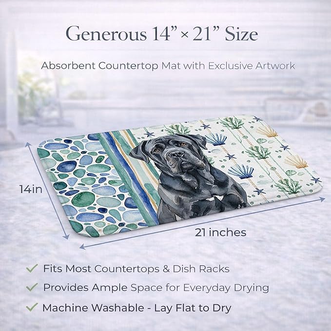 Caroline's Treasures Black Neapolitan Mastiff Coastal Sea Glass Dish Drying Mat Absorbent Dish Drying Mat Pad for Kitchen Counter Dish Drainer Mat for Countertop 14 x 21 Multicolor