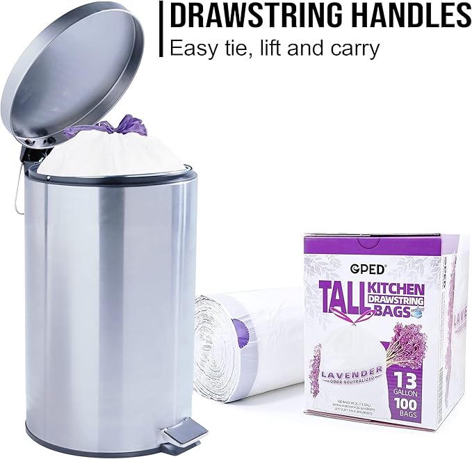 8NET 13 Gallon Kitchen Drawstring Trash liners Bags | 0.8 Mil | 24 x 27 - 100 Count Per Box (Box of 2) | Kitchen Home Office Bedroom Garbage Bags | Lavender Fresh Scent | White