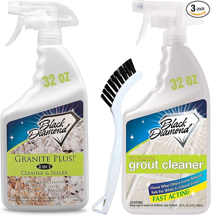 Granite Plus (Cleaner &amp Sealer) Deep Cleans &amp Seals All Natural Stone Countertops + Ultimate Grout Cleaner with Brush – Safe for Natural Stone - Acid Free - Lifts Dirt &amp Stains (2pack)