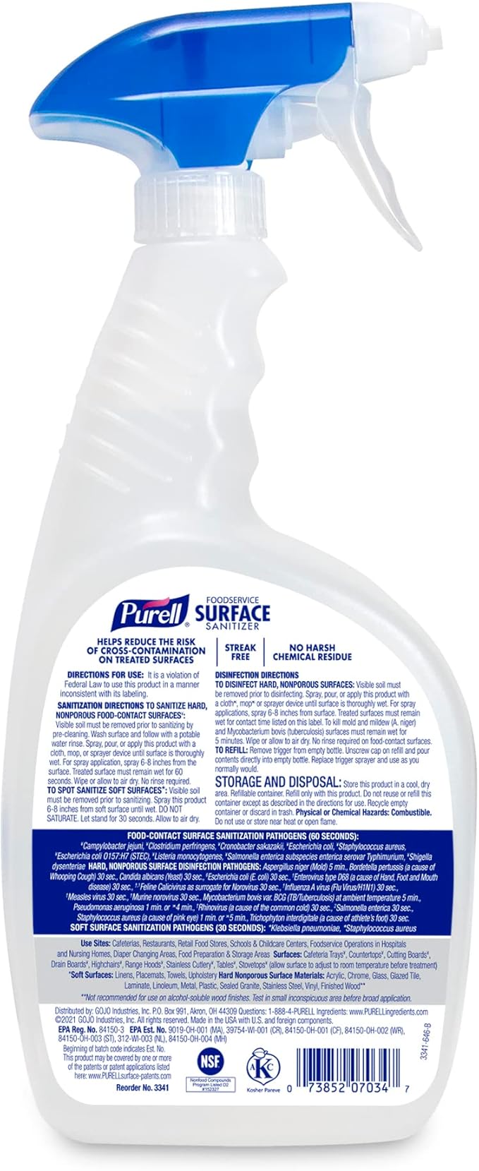 PURELL Foodservice Surface Sanitizer Spray Fragrance Free 32 fl oz Capped Bottle with Spray Trigger in Pack (Pack of 6) - 3341-06