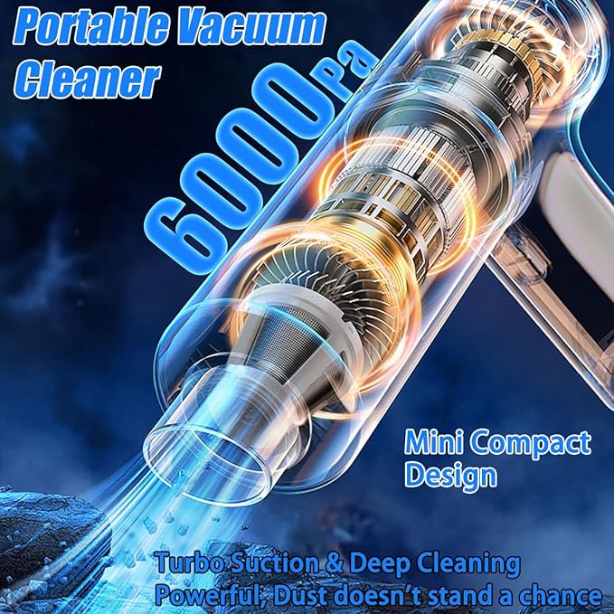 Car Vacuum Cleaner Portable Cordless with 6000PA Suction Mini Handheld Vacuums Cleaner with Air Duster and Blower High Power Hand held Cleaners for Car Home Office Pet Hair Keyboard