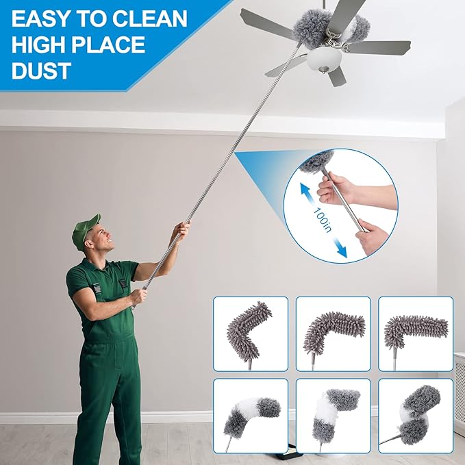 Microfiber Extendable Feather Duster (11pcs) with 100 Extension Pole Washable Reusable Bendable Dusters for Cleaning Ceiling Fan High Ceiling TV Blinds Cars