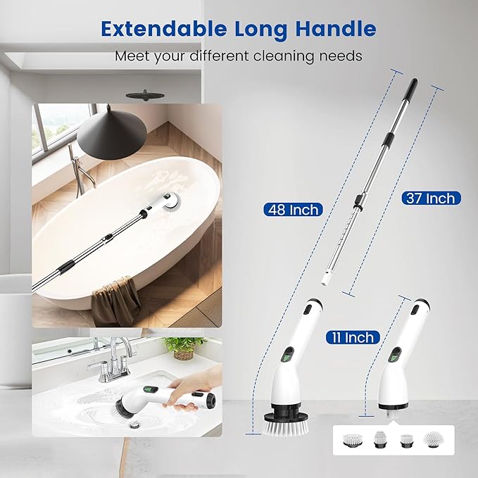 Electric Spin Scrubber Full-Body IPX7 Waterproof Cordless Shower Scrubber with 4 Replaceable Heads Upgraded Extension Handle 2H Work Time 2 Speeds for Bathroom Shower Tile Glass