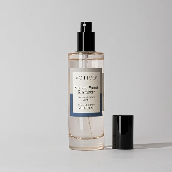 Votivo Smoked Wood &amp Amber 4.3 oz Room &amp Linen Spray | Woody Scented Air Freshener for Linens &amp Living Areas | Premium Long Lasting Fragrance