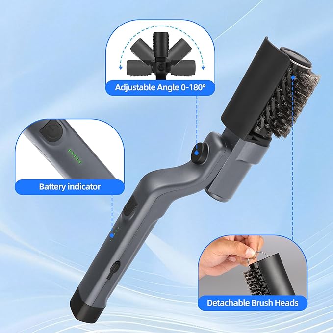 Upgraded Electric Grill Brush Cordless Rechargeable Grill Cleaning Brush with Adjustable Angle Stainless Steel Brush Head 3-Speed Power 90-Min Runtime Waterproof Cleaner for BBQ Grates (Gray)