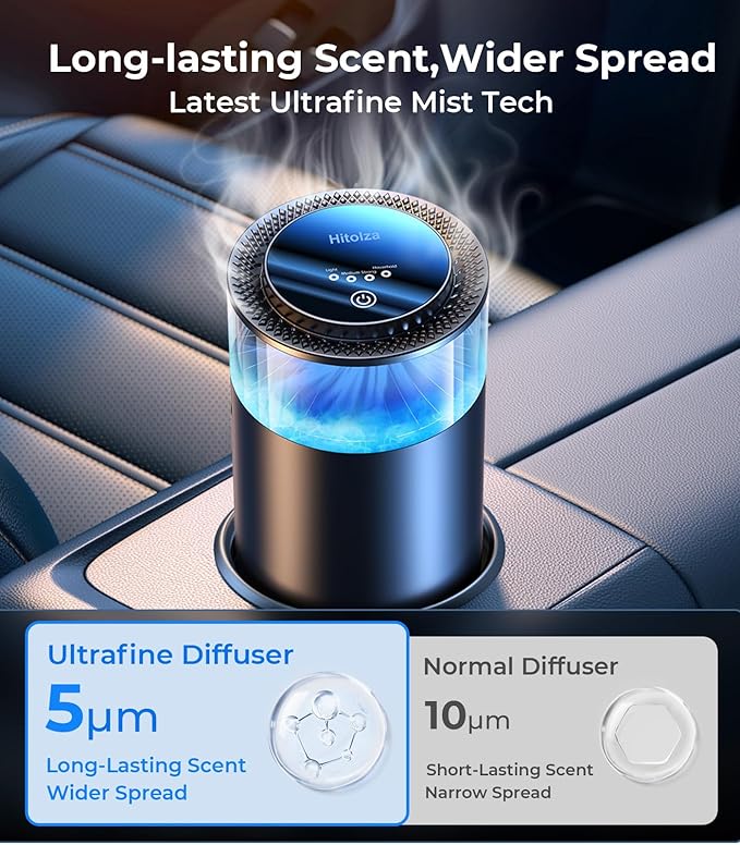 Smart Car Air Fresheners Ambient Light &amp Mist Fragrance Auto On/Off Car Air Freshener Diffuser Adjustable Intensity Lasts 6 Months Built-in Battery Premium Scents Refill X2 - Mystic Ice