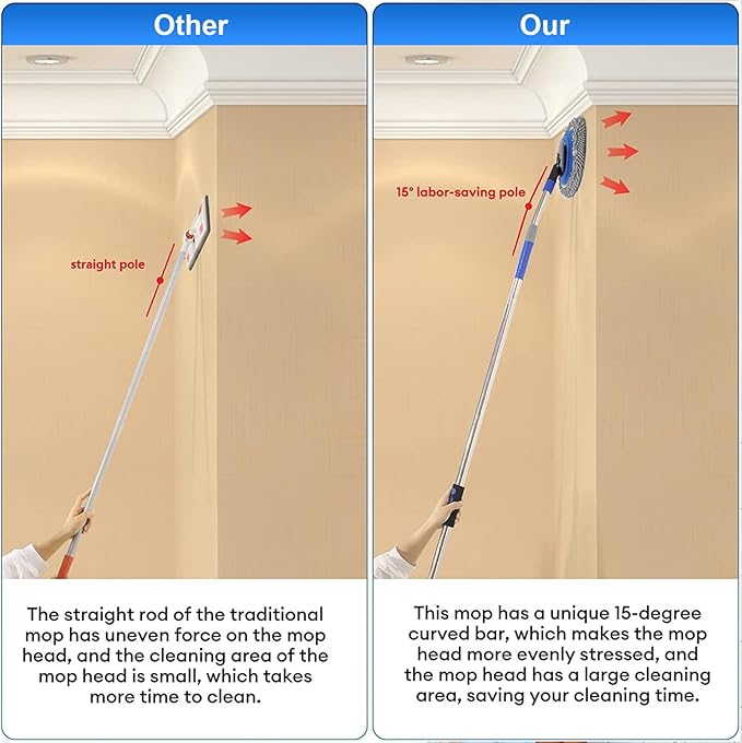 Wall Cleaner Max 66'' Wall Mop with Long Handle Ceiling Dust Mop with 15° Labor-Saving Elbow Extension Pole Baseboard Duster Washer Scrubber High Reach Window Cleaning Brush Roof Cleaning Tool-GY