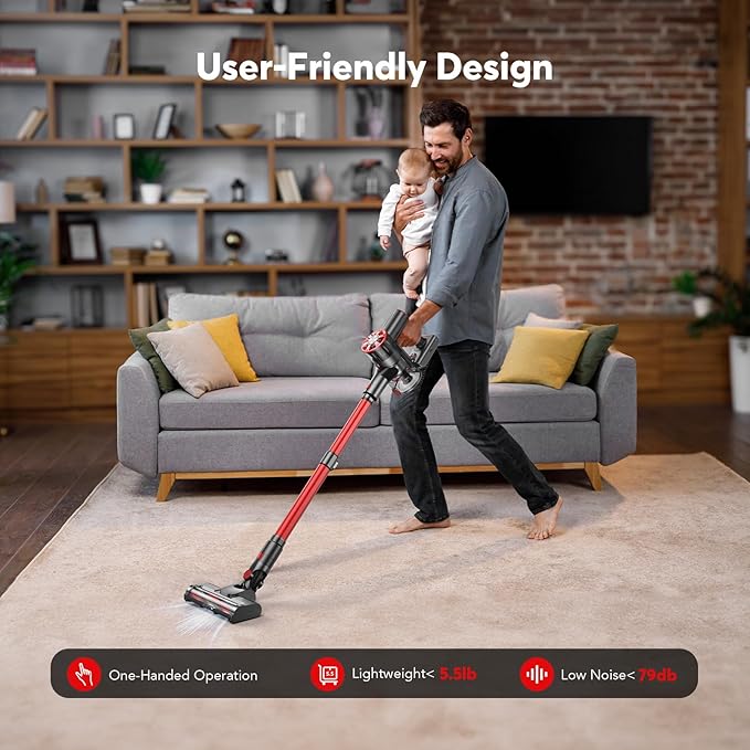 Cordless Vacuum Cleaner Rechargeable with 2600mAh Detachable Battery Powerful Vacuums with 2 Adjustable Modes Lightweight Portable Stick Vacuum for Home (Afterglow Red)