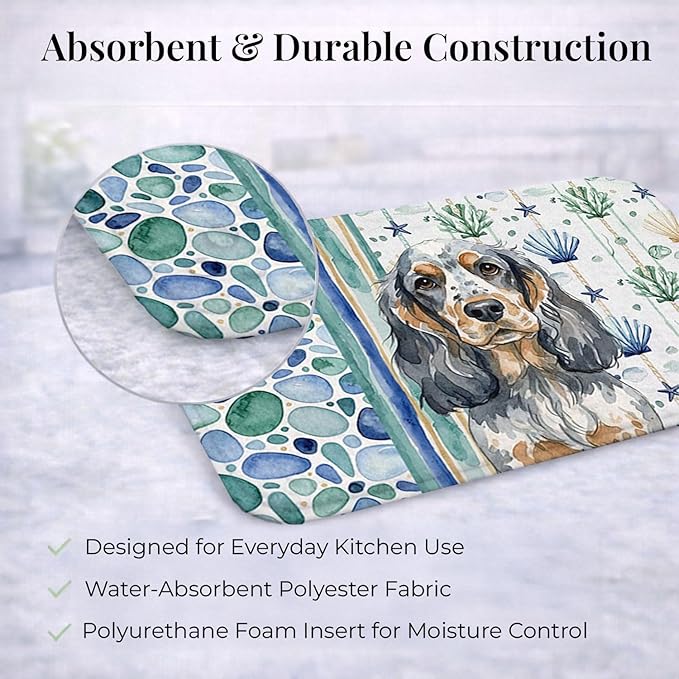Caroline's Treasures Blue Roan &amp Tan English Cocker Spaniel Coastal Sea Glass Dish Drying Mat Absorbent Dish Drying Mat Pad for Kitchen Counter Dish Drainer Mat for Countertop 14 x 21 Multicolo