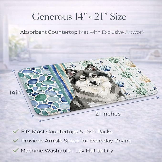 Caroline's Treasures Keeshond Coastal Sea Glass Dish Drying Mat Absorbent Dish Drying Mat Pad for Kitchen Counter Dish Drainer Mat for Countertop 14 x 21 Multicolor