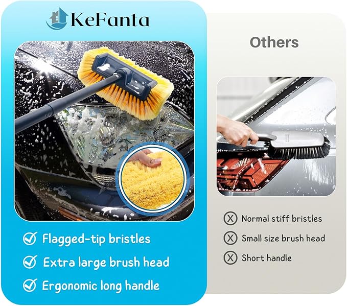 Car Wash Brush with Long Handle 58.5'' Soft Bristle Cleaning Tool for Truck Exterior RV Boat Solar Panel Deck Washing 2 Wax Applicator Pads Included