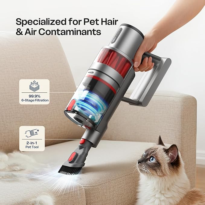 Cordless Vacuum Cleaner 600W/50KPA Up to 60 Minutes Stick Vacuum with Rechargeable Design Powerful Suction Lightweight Vacuum Cleaner for Home/Pet Hair/Carpet/Hard Floor Red