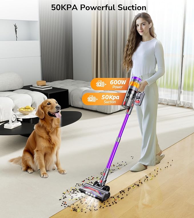 Cordless Vacuum Cleaner 600W 50Kpa 70 Mins Vacuum Cleaners for Home Self-Standing Stick Vacuum with Touch Screen Wall Dock Anti-Tangle Rechargeable Vacuum for Pet Hair Carpet Hardwood Floor