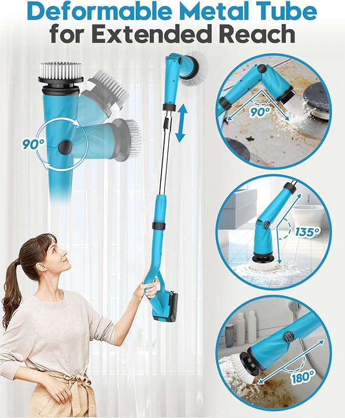 Updated 1500 RPM Battery Electric Spin Scrubber with Handle 8 Replaceable Shower Scrubber &amp 2 Battery Powered Cleaning Brush with Display 3 Speed &amp Adjustable Handle Cordless Power Scrubber f