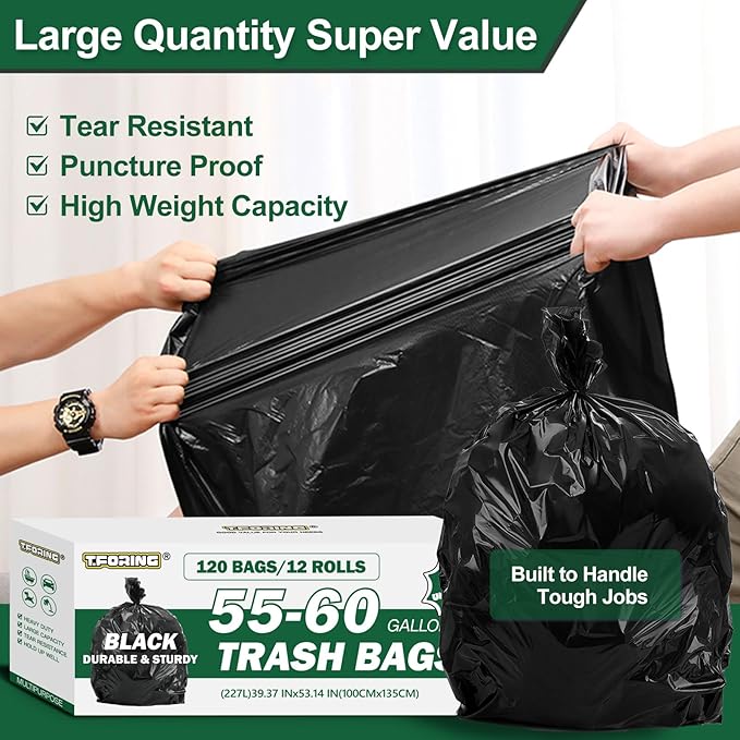55-60 Gallon Black Trash Bags 120 Count - 40''x53'' Extra Large 50+ Gallon Garbage BagsUnscented Strong Huge Can Liners for Construction Industrial Yard Outdoor Commercial