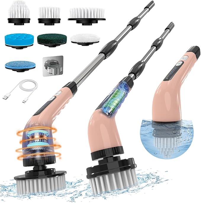 Electric Spin Scrubber Cordless Cleaning Brush Shower Scrubber with 7 Replaceable Brush 2 Speeds and Adjustable Extension Handle for Bathroom Shower Bathtub Glass Car(Pink)
