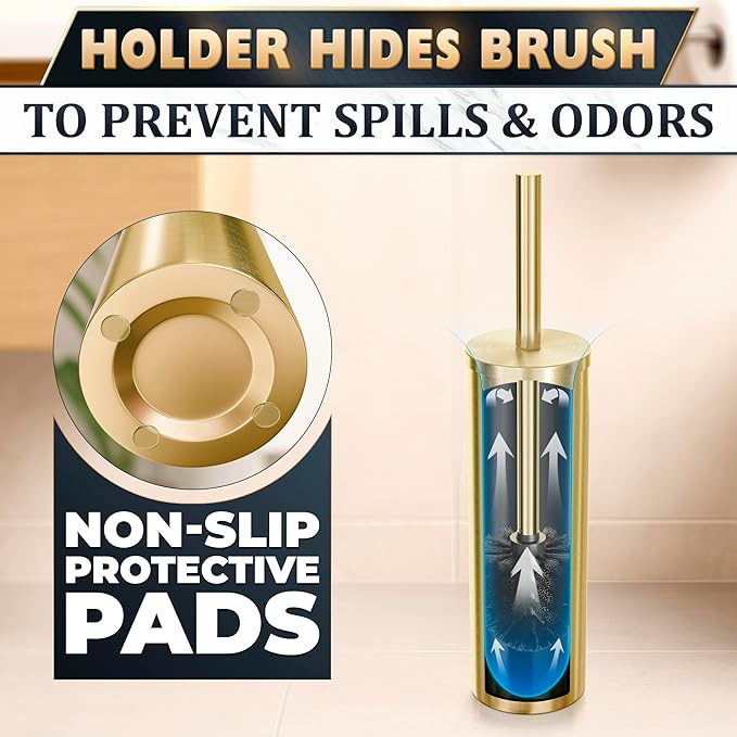 Gold Toilet Brush and Holder Set - Brushed Stainless Steel Gold Toilet Bowl Brush and Holder with Replacable Head Removable Inner Bowl and Splash Protection - Dense Bristles for Through Cleaning