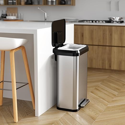 iTouchless SoftStep EXP 13.2 Gallon Step Pedal Trash Can Recycling Bin with Odor Filter Stainless Dent-Proof Plastic Lid Garbage Trashcan 50 Liter Bedroom Living Room Garage Home Office Wastebasket