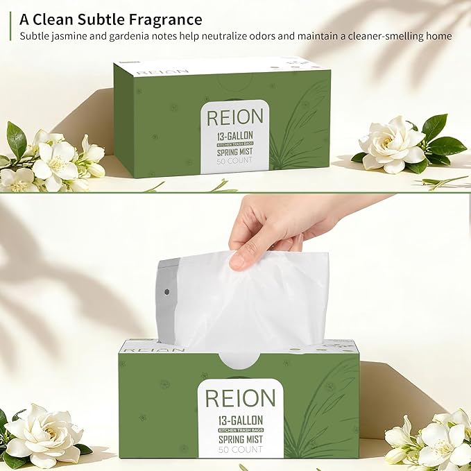 REION Trash Bags Spring Mist (Jasmine Blend) | Tear-Resistant and Odor-Suppressant | Ideal for Home and Kitchen garbage can | Household Essentials | Tall Kitchen bags with drawstring | 13 Gallon 50 ct