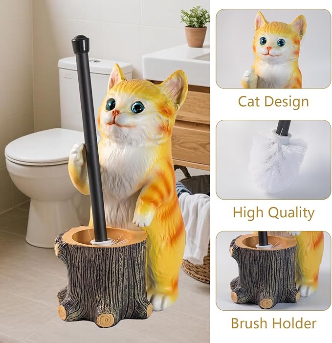 Toilet Brush Holder Set for Bathroom Cute Cat Base Solidly Toilet Bowl Brush Holder and Decorative Bathroom Ceramic Cleaning Kit with Brush and Holder (Cat)