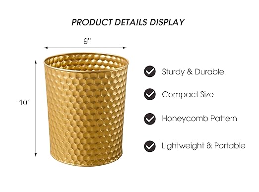 Large Metal Trash Can Wastebasket Decorative Honeycomb Garbage Can Modern Farmhouse Round Bin for Bathroom Bedroom Kitchen and Office (Gold)