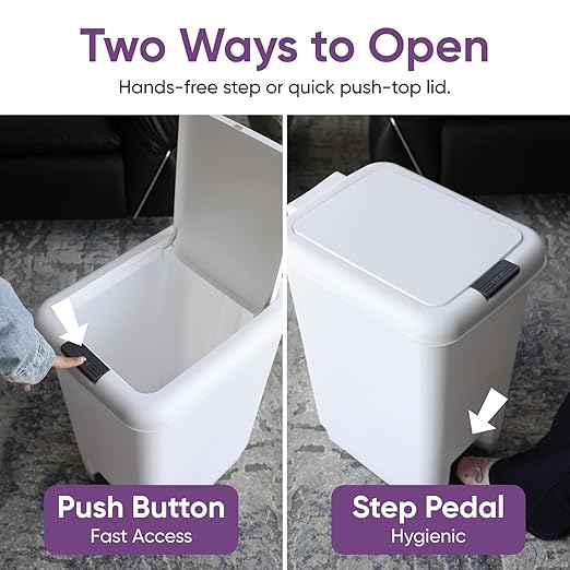 Superio 6.5L 10L and 48L Slim Step &amp Push Trash Cans - 3 Pack Dual Opening Smooth Matte Finish Durable Plastic - White