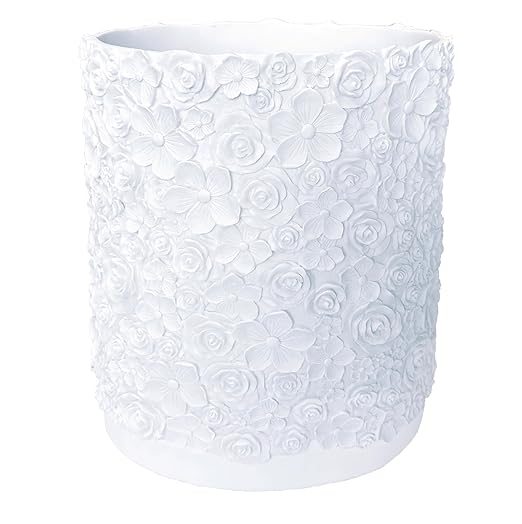 Decorative Trash Can Elegant Resin Carved Waste Basket 8x10 Trash Bin Decor Rose Floral Garbage Can for Office BathroomBedroomLivingroom 8L/2.2Gallon(White)