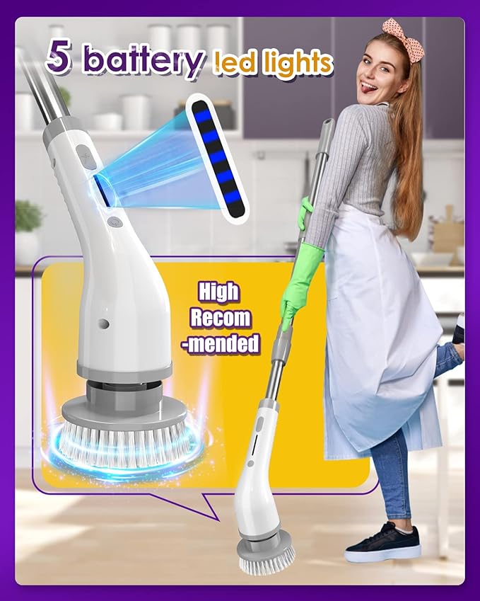 Electric Spin Scrubber Cordless Shower Spin Scrubber with 7 Brush Heads Adjustable Extension Arm 2 Speeds Household Cleaning Brush Bathroom Scrubber Power Spin Scrubber for Car Grout Sink Tub