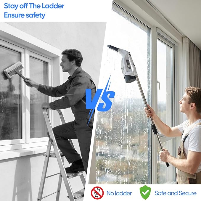 Window Vacuum Squeegee Cordless 2000Pa Electric Window Cleaner Tool with Extension Pole Window Cleaning Kit 11 Shower Squeegee for High Windows Shower Doors Tile &amp Car Windshield