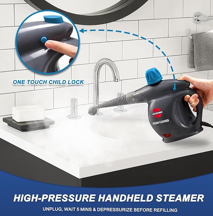 Handheld Steam Cleaner Pressurized Multi-Surface Steam Shot with 13 Accessories Safety Lock Steamer for Cleaning Floor Upholstery Grout Windows Couch and Car Grey