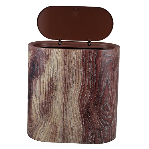 Zerodeko Rustic Lid Trash Can Space-Saving Slim Bin for Bathroom Kitchen Office Wood Grain Plastic Waste Basket