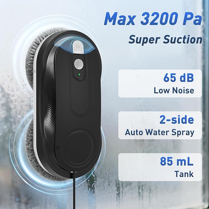 KKI Window Cleaning Robot Automatic Window Cleaner Robot AC Power Dual Spray Max 3200Pa AI Path Planning &amp Edge Detection for High-Rise Windows GlassDoor10xCloths X3