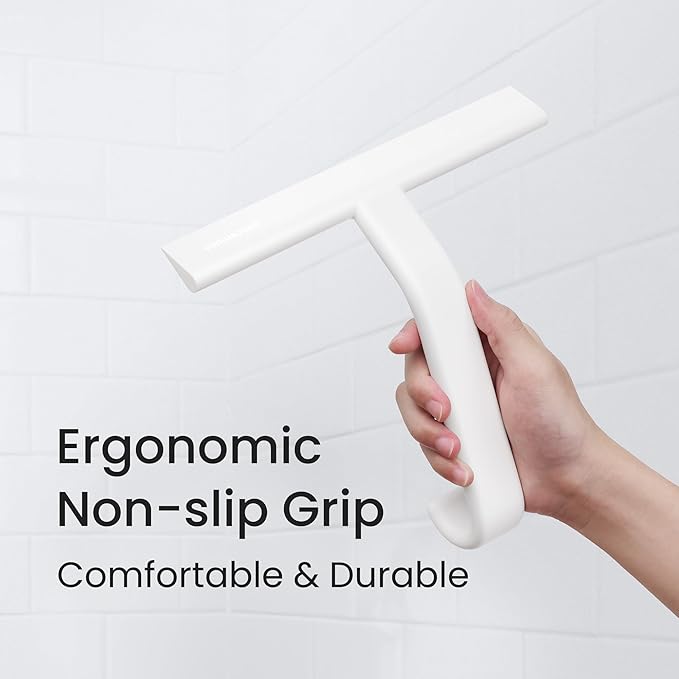 dancemoon JustHang Shower Squeegee for Glass Doors All-in-One Piece Silicone Squeegee with Built-in Hook for Bathroom Window Mirror Tile Wall Car Streak-Free Bathroom Cleaner Tool10 Inch White
