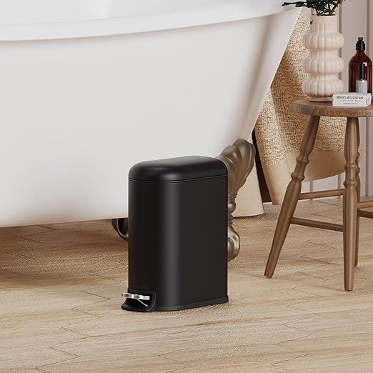 CEROELDA Small Bathroom Trash Can with Lid Soft Close 5L/1.3 Gallon Stainless Steel Slim Garbage Can Metal Waste Basket with Step Pedal for Office Bedroom Toilet Dorm Room (Black 1.3 Gallon)